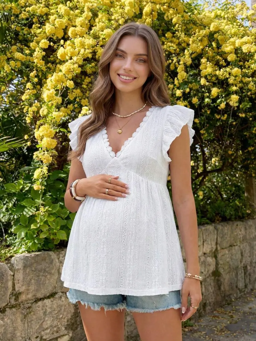 NOGN x Maternity White Knit Jacquard V-Neck Ruffle Sleeve Top,Pregnant Women's Silky Casual Summer Outfits,Lace Peplum Blouse For Baby Shower & Vacation