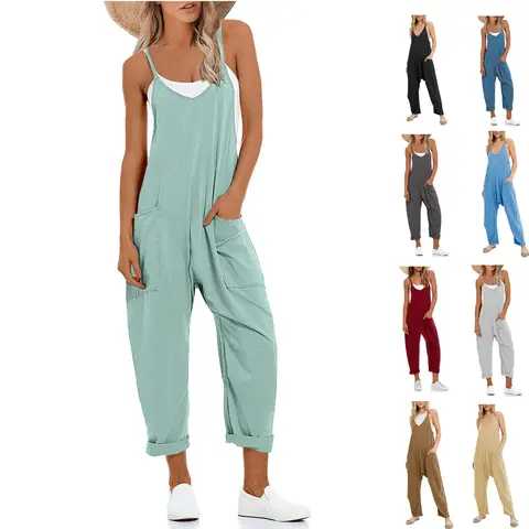 SCUSTY Womens Baggy Summer Jumpsuits V Neck Sleeveless Casual Jumpers for Women Adjustable Strap Romper with Pockets