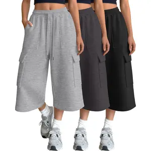 3 Pack Women's Capri Cargo Sweatpants Wide Leg Cropped Pants Baggy Capris Casual Drawstring Pants with 4 Pockets