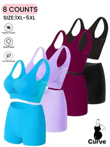 Plus Size Women's Solid Wireless Bra & Panty Seamless Set, Wide Strap No Padded Bra & Soft Stretch Boxer Briefs, Casual Comfy Breathable Bra & Knicker Set, Stretch Fabric All Seasons, Underwear Sets