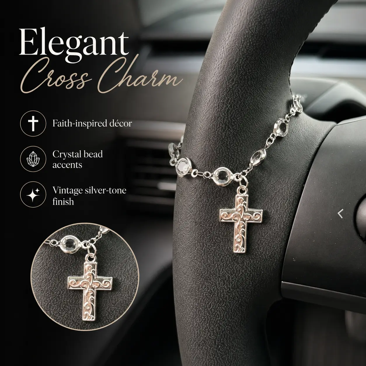 Dazzling Rhinestone Cross Car Charm - Premium Zinc Alloy & Glass Car Decor, Mirror Mount Accessory for Women - Thoughtful Gift, Adds Glamour to Vehicle Interior