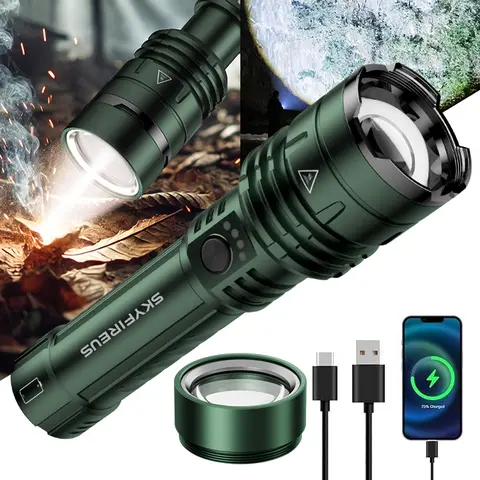 SKYFIRE 1376 Rechargeable High Lumens Aluminum Alloy LED Tactical Flashlight - 1800 Lumens, Fire-Starting Lens, Zoomable Focus, 5 Light Modes (Including SOS Mode), USB Cable, Daily Waterproof for Rain, Batteries, Outdoor Torch for Camping#sohochic