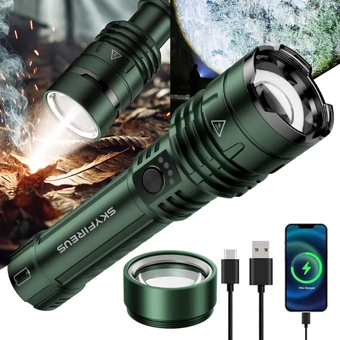 SKYFIRE 1376 Rechargeable High Lumens Aluminum Alloy LED Tactical Flashlight - 1800 Lumens, Fire-Starting Lens, Zoomable Focus, 5 Light Modes (Including SOS Mode), USB Cable, Daily Waterproof for Rain, Batteries, Outdoor Torch for Camping#sohochic