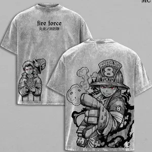 Shinra Kusakabe Tee Washed – Fire Force Vintage Washed Heavy Cotton Oversized Anime Manga T-Shirt & Hoodie Washed, Double Printed Retro Unisex Streetwear Graphic Top, Devil’s Footprints Fire Fighter Edition VVW GJY