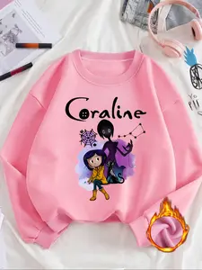 Coraline Letter Cartoon Print Round Neck Sweatshirt, Casual Vintage Washed Cotton Long Sleeve Pullover, Fall & Winter Women's Fitted Hoodie