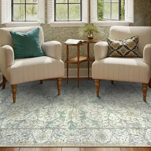 5x7 Area Rug, Washable Neutral Hand-Painted Floral Living Room Bedroom Rug,  Distressed Non Slip Low Pile Throw Carpet, Soft Retro Rugs for Dining Room Office, /Light Turquoise