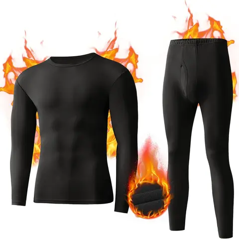 NevEND Long Johns Microfiber Soft Fleece Lined Thermal Underwear for Men Crewneck Set Winter Warm Base Layer Top & Bottom Black S - 2XL Menswear Sweat
