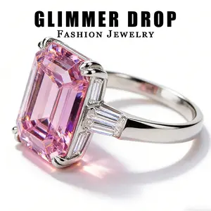 Glimmer Drop Women's Large Rectangular Pink Zircon Ring Luxurious Engagement Wedding Statement Ring with Emerald-Cut Pink Cubic Zirconia Teardrop Bridal Rings