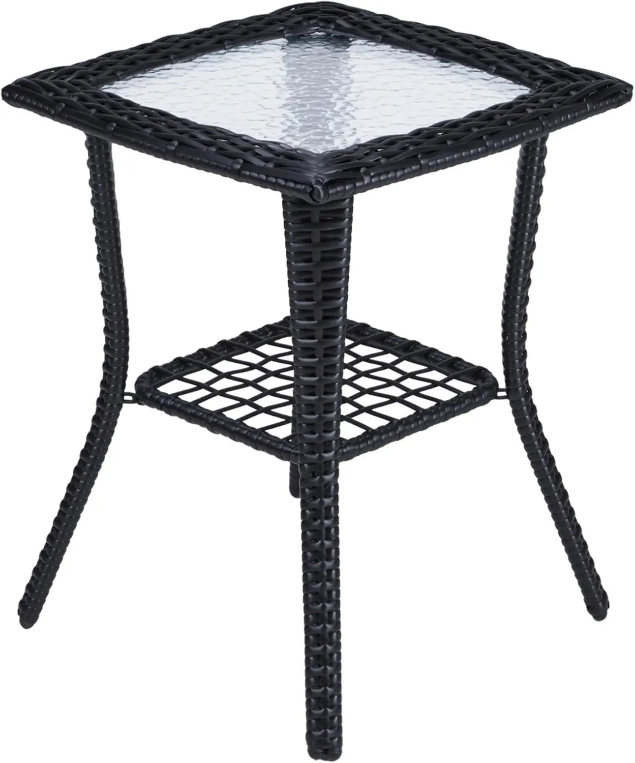 Outdoor Wicker Side Table with Glass Top,Patio Rattan End Table with Lower Shelf for Indoor Garden,Black