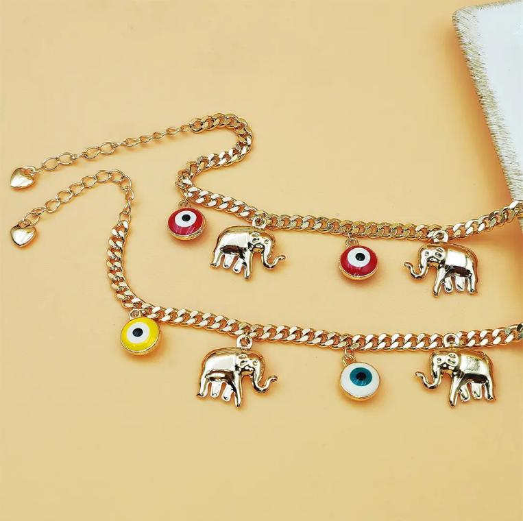 Gold Evil Eye Bracelet Women Elephant Charm Adjustable Protection Lucky Jewelry