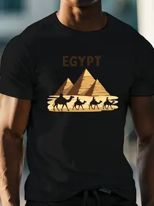Men's Egyptian Desert Print T-Shirt - Black Retro Egypt-Themed with Pyramids, Sphinx & Camels - Lightweight All-Season Casual Top for Travel, Cultural Events & Egyptian National Costume Parties - Crew Neck Short Sleeve Regular Fit