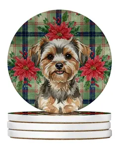 Carolines Treasures WDK8862RCS4 4 x 4 in. Yorkiepoo Christmas Poinsettias Large Sandstone Coasters, Pack of 4
