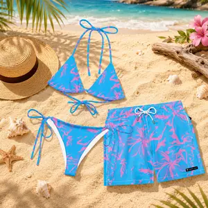 Vacation Tropical Palm Matching Swimwear 2026, Women’s String Bikini & Men’s Swim Trunks, Blue Pink Couple Swimsuits for Summer Beach Honeymoon