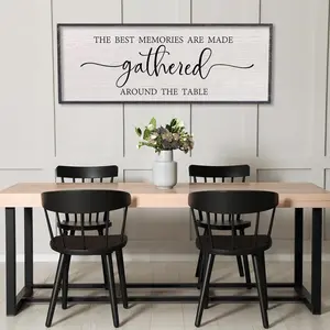The Best Memories Are Made Gathered Around The Table Sign Wall Art Decor 40 x 15 Inch Dining Room Large Rustic Farmhouse Wood Framed Kitchen Home Wall Hanging Decoration (Black)