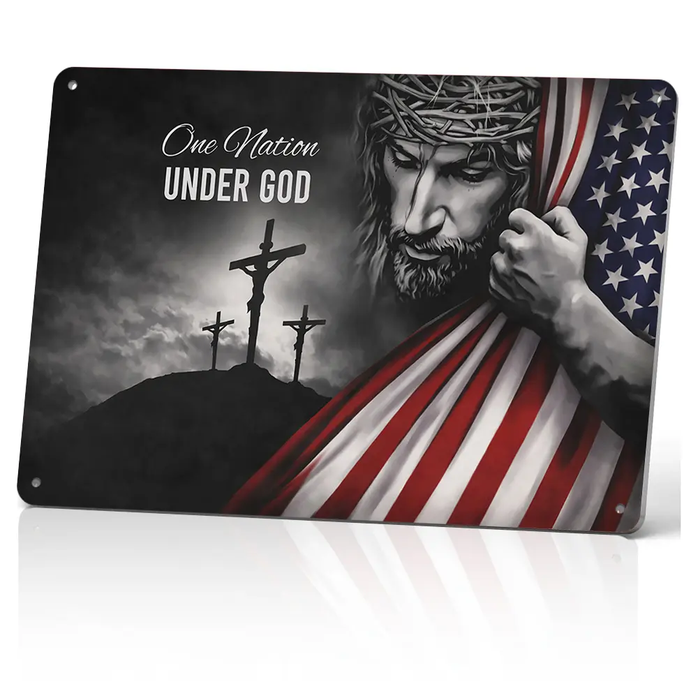 One Nation Under God Jesus With American Flag & Calvary Cross 8x12 Inch Aluminum Metal Sign - Patriotic Religious Wall Decor For Entryway, Church, Man Cave - Retro Tin Sign Gift For Christians & Patriots