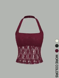 Valentine's Day Women's Plain Floral Lace Halter Neck Top, Elegant Sleeveless Top for Party Holiday Vacation, Ladies Clothes for Summer, Womenswear