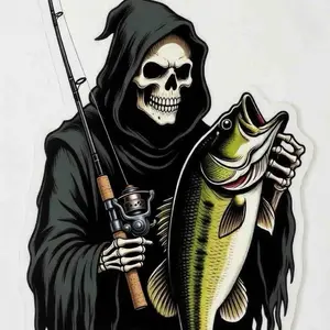 Grim Reaper Holding Large Mouth Bass Sticker