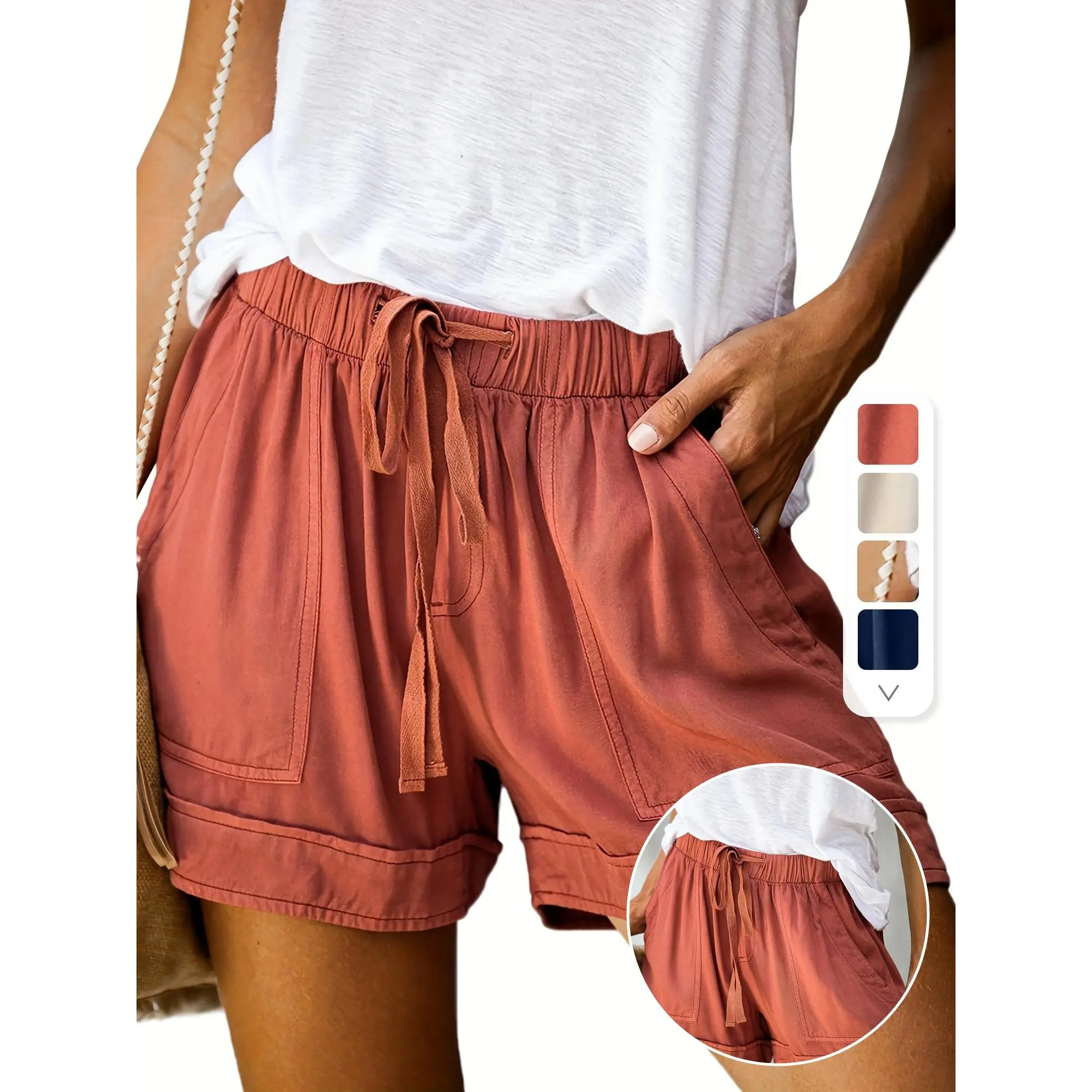 Comfy Pure Color Lightweight Shorts - Women's Elastic Waist Casual Drawstring Summer Beach Shorts with Pockets