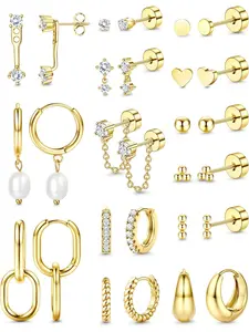 14K Gold Plated Earrings Women Hypoallergenic Cartilage Earrings Set for Multiple Piercing Trendy Huggie Hoop Earring Lightweight Earring Stacks Small Cute Pearl CZ Stud Hoop Gold/Silver Tone