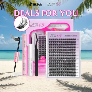VEYESBEAUTY Dreamy Cluster Lashes Kit Individual Lash Extensions With Bond & Seal+ Tweezer Newbie's Five-Second DIY Dramatic Volume Eyelash Wispy Faux Mink Lash Mixed Length Tray for Self Application at Home Makeup Cosmetic