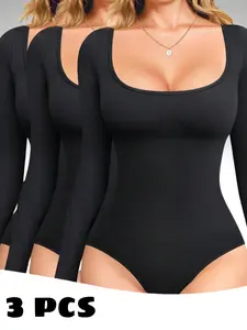 3-Pack Square Neck Shapewear Bodysuit – Long Sleeve Tummy Control For Women Fabric Womenswear