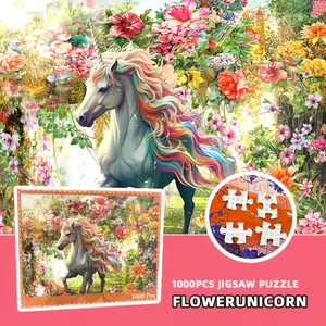 1000pcs Flower Unicorn Jigsaw Puzzle - 70.1x50.04 cm, Grey Cardboard with Letter Division Back, Perfect Gift for Christmas, Birthday Ideal for Home Decor and Creative Play Creative Playtime Durable Cardboard,  Unicorn And Rainbow Jigsaw Puzzle