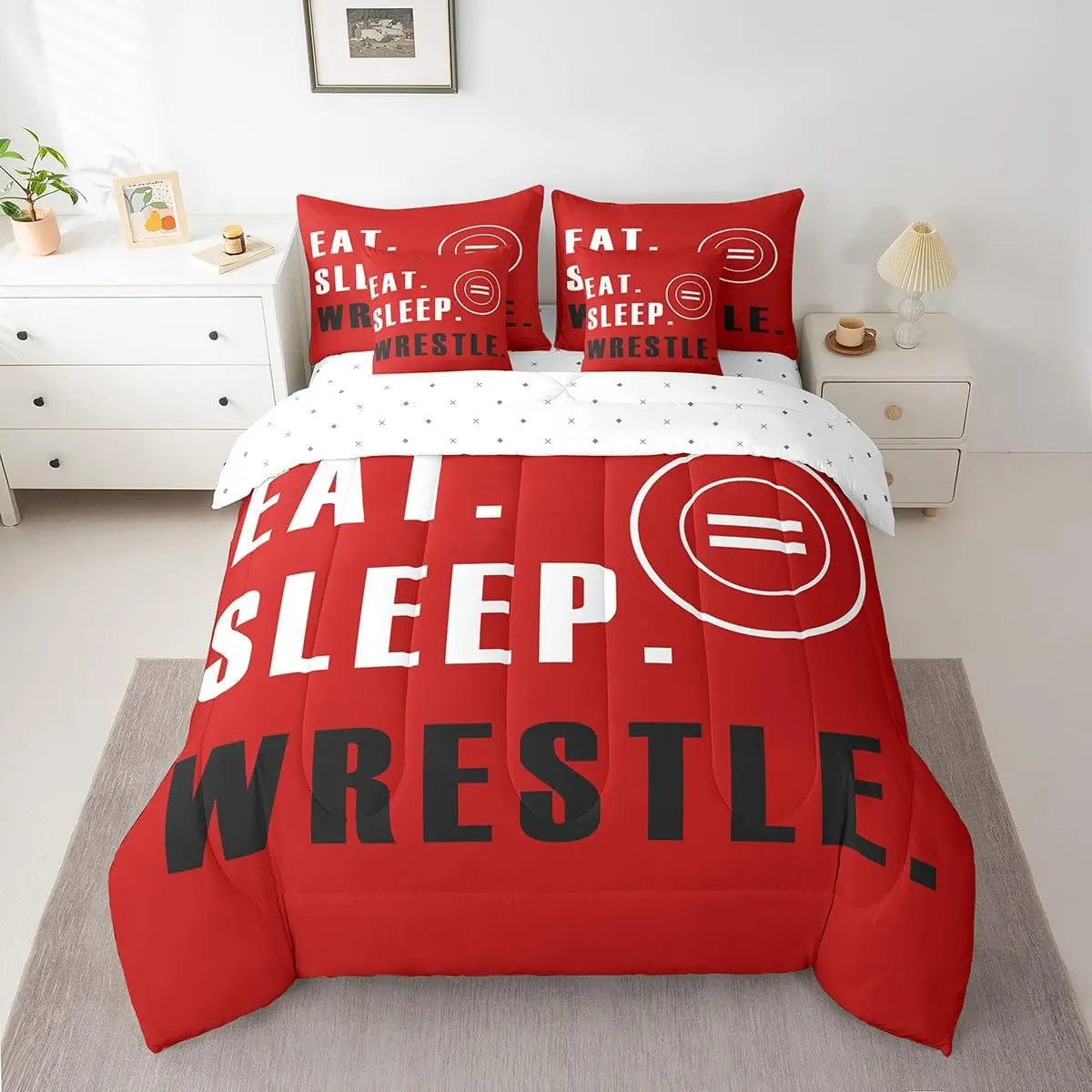 Wrestling Sports Comforter Set with Sheets,Wrestling Sports Theme 7 Pieces Bedding Set,Red Wrestle Rodeo Bed in A Bag,Wrestle Themed Bed Set