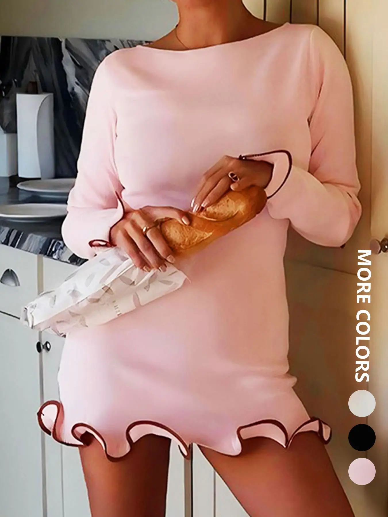 Women's Solid Color Ruffle Round Neck Short Dress, Slim Fit Casual Fall Winter Long Sleeve Mini Dress, Sexy Ladies Daily Wear