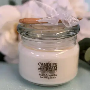 10 oz Soy wax Lotion Candle in elegantly decorated glass jar with Bamboo spoon and white bow. Scented Fragrance Hand Aromatherapy decoration