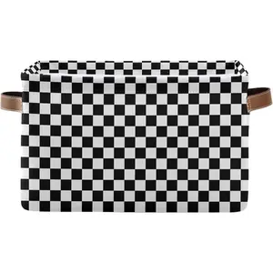 Black White Checkered Pattern Large Storage Basket Cube Storage Bin Canvas Fabric Organizer Handles Collapsible Decorative for Clothes Toys Bedroom