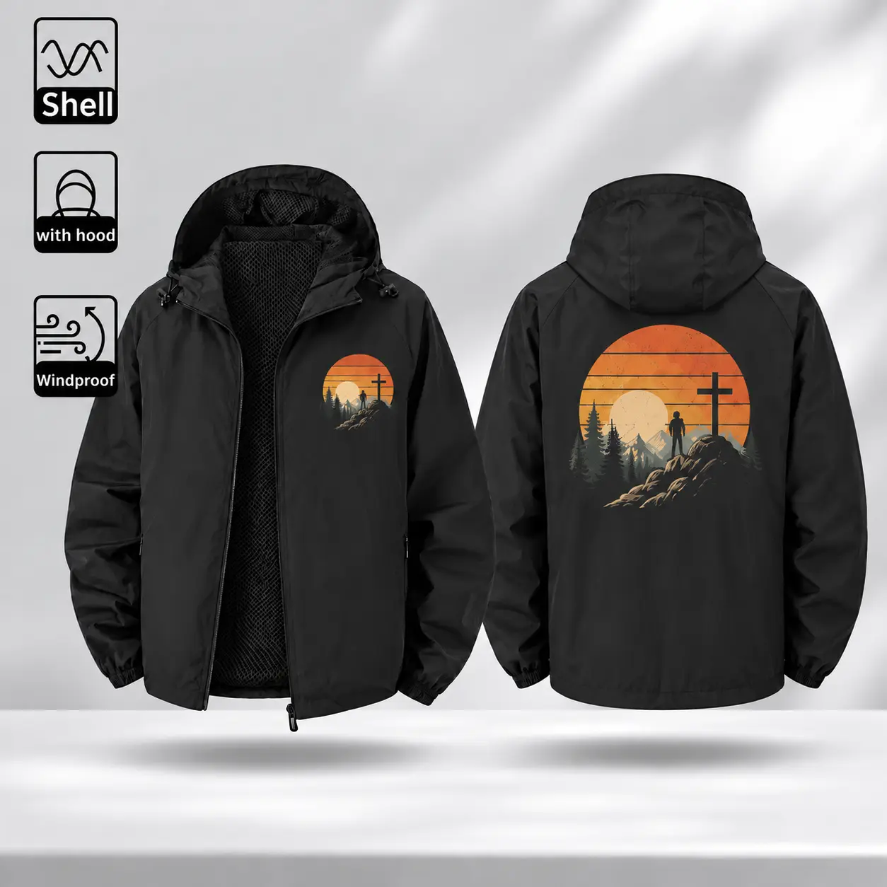 Christian Cross Windbreaker Jacket, Hooded Zip-Up Shell with Sunset Mountain Front and Back Graphics, Faith-Inspired Style
