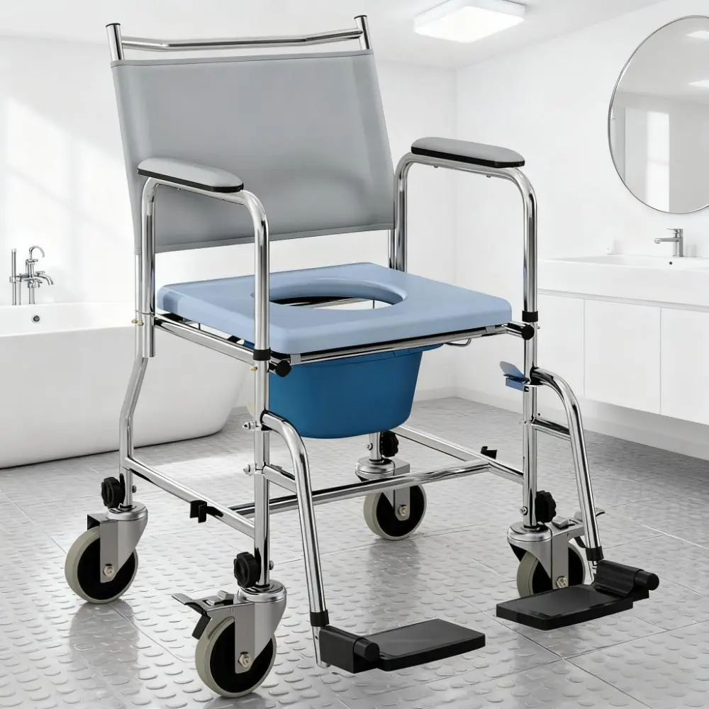 4-in-1 Foldable Shower Commode Chair with Padded Seat and Footrests