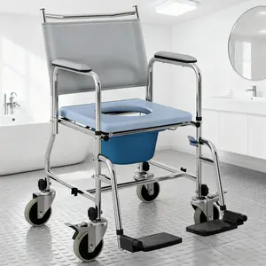 4-in-1 Foldable Shower Commode Chair with Padded Seat and Footrests