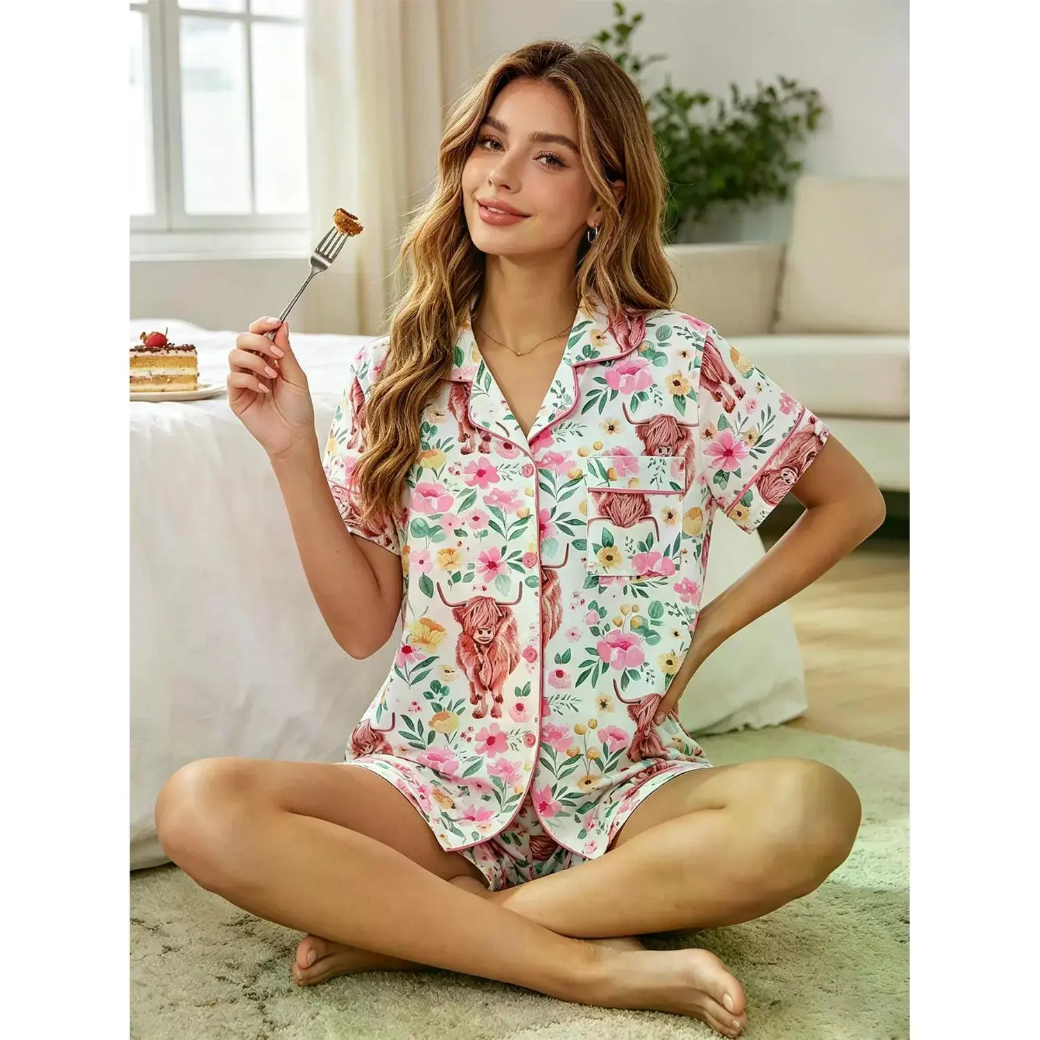 Women's Summer Cool Short Sleeve Pajama Set - 2-Piece Cartoon Animal Print with Fitted Button-Down Top & Elastic Shorts for All-Season Comfort