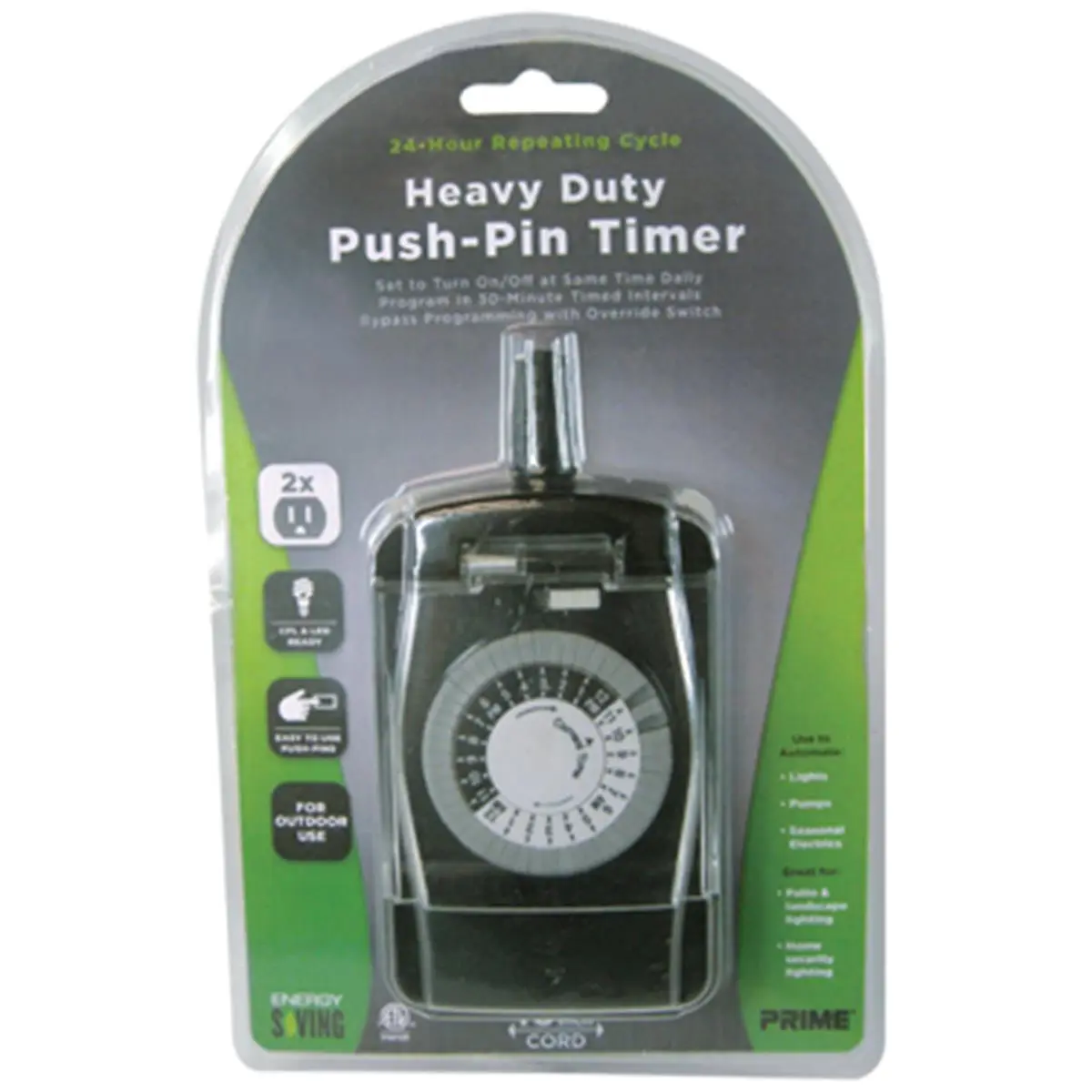 212 MAIN Outdoor Energy-Saving Mountable 2-Outlet Pigtail Timer - Black, 18" Cord, 24-Hour Electro-Mechanical Repeating Cycle, 30-Minute Push-Pin Intervals, Bypass Programming, for Landscape & Patio Lighting