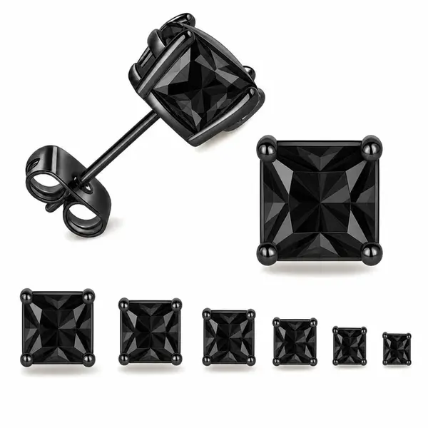 BlingKingStar 6 Pairs Square Black 4-Prong Hypoallergenic Lab-Created Diamond Stud Earrings with Butterfly Backs 14K Gold-Plated Hypoallergenic Jewelry, Mother’s Day, Christmas, Gift for Men Boyfriend, Women Set, Father's Day Fashion Accessories