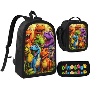 Dinosaur Crew 3-in-1 Backpack Set - Colorful Cartoon Dinosaur Themed Backpack with Lunch Bag & Pencil Case Fun Design for Dino Lovers Perfect for School Daily Use