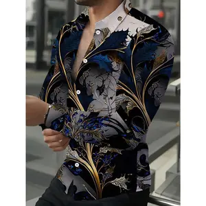 Men's retro printed long sleeved shirt, suitable for spring and autumn wear, casual and comfortable, as a gift, vintage collar clothing, men's polyester elastic color shirt,