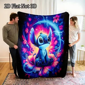 DISNEY CLASSIC Stitch Flannel Blanket - Soft, Warm, Vibrant Blue & Purple Design with Glowing Orbs & Floral Accents, Machine Washable, Ideal for Sofa, Bed, Beach