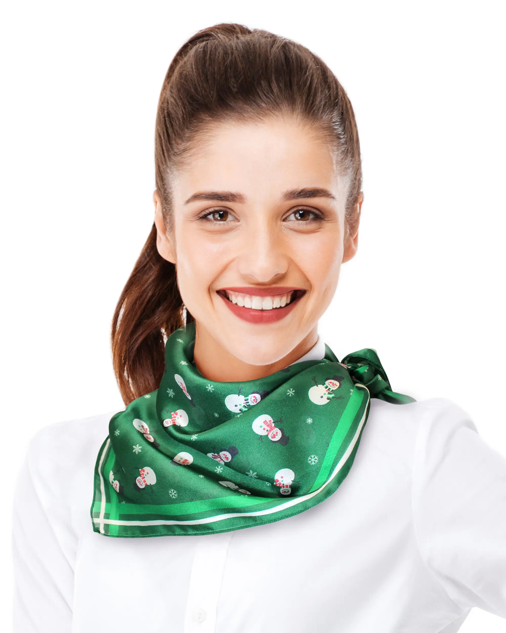 CBC Crown Women's Playful Snowman Graphic Neckerchief Scarf, Lightweight Dark Green Silk-Feeling Polyester, 21"x21" Square for Winter & Christmas, Hand Wash, Casual