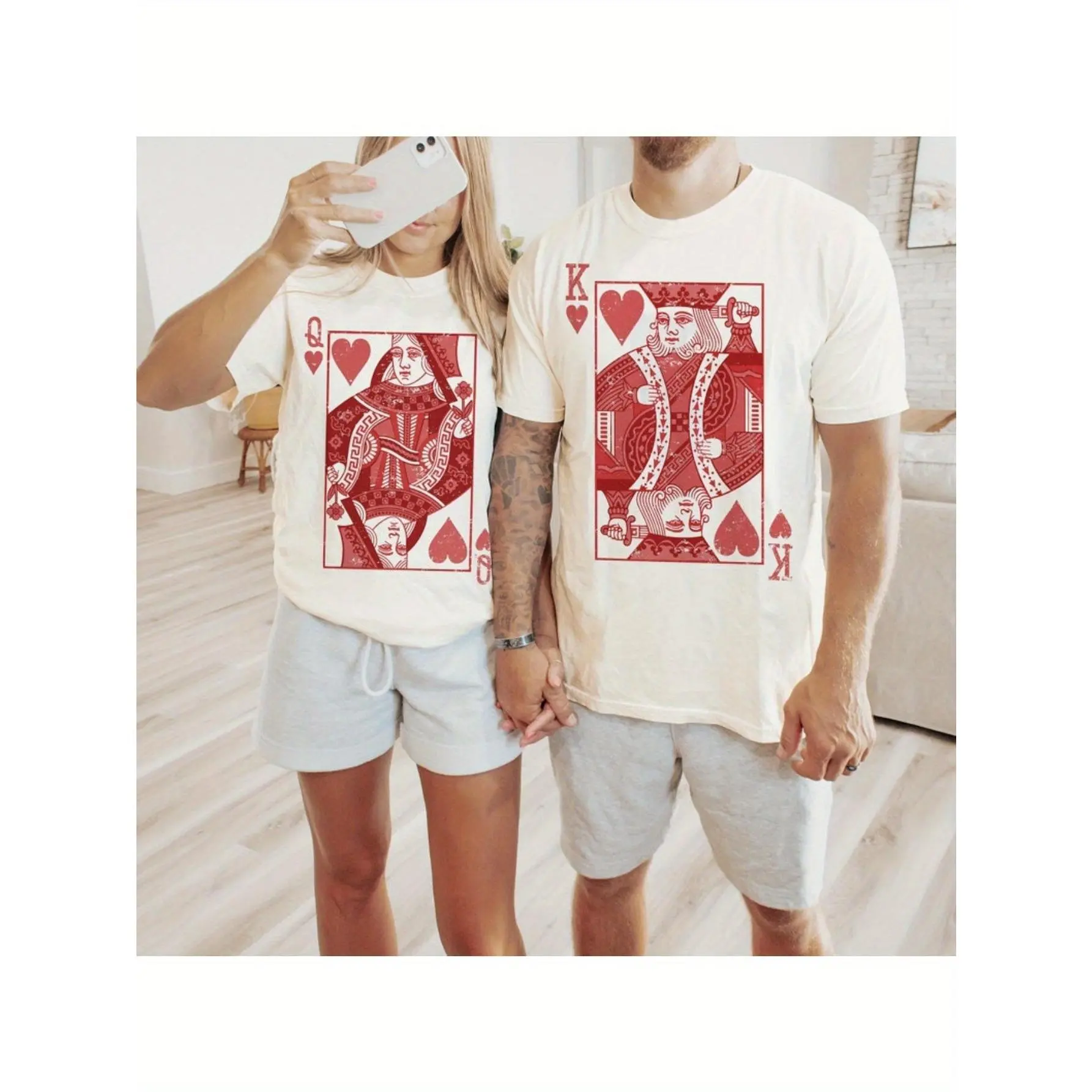 His & Hers Matching T-Shirts - King & Queen of Hearts Design, 100% Cotton Casual Tees for Couples, Ideal for Valentine's Day & Special Occasions, Machine Washable, All-Season Comfort, Gift for Couples | Romantic Theme | Allseason Tshirt, Cute T Shirts