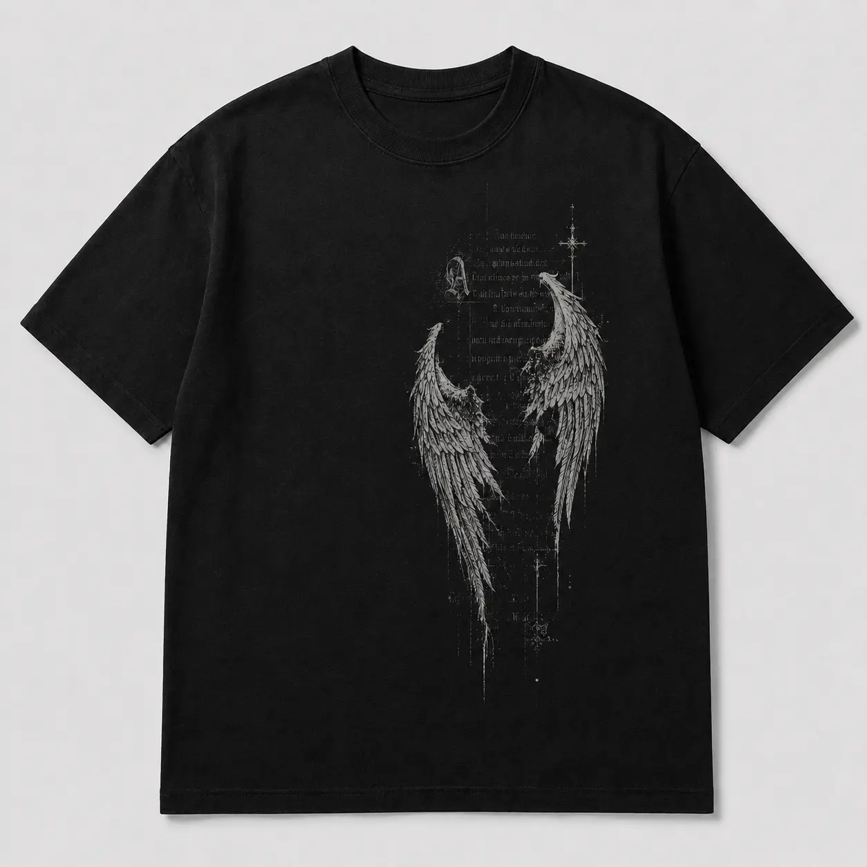 Unisex Black Cotton Short-Sleeve Casual T-Shirt - Authentic Gothic & Grunge Aesthetic, High-Impact Angel Wings, Dark Cross, Distressed Script Text Back, High-Definition Screen Print, Cold Wash, City Night Strolls Apparel