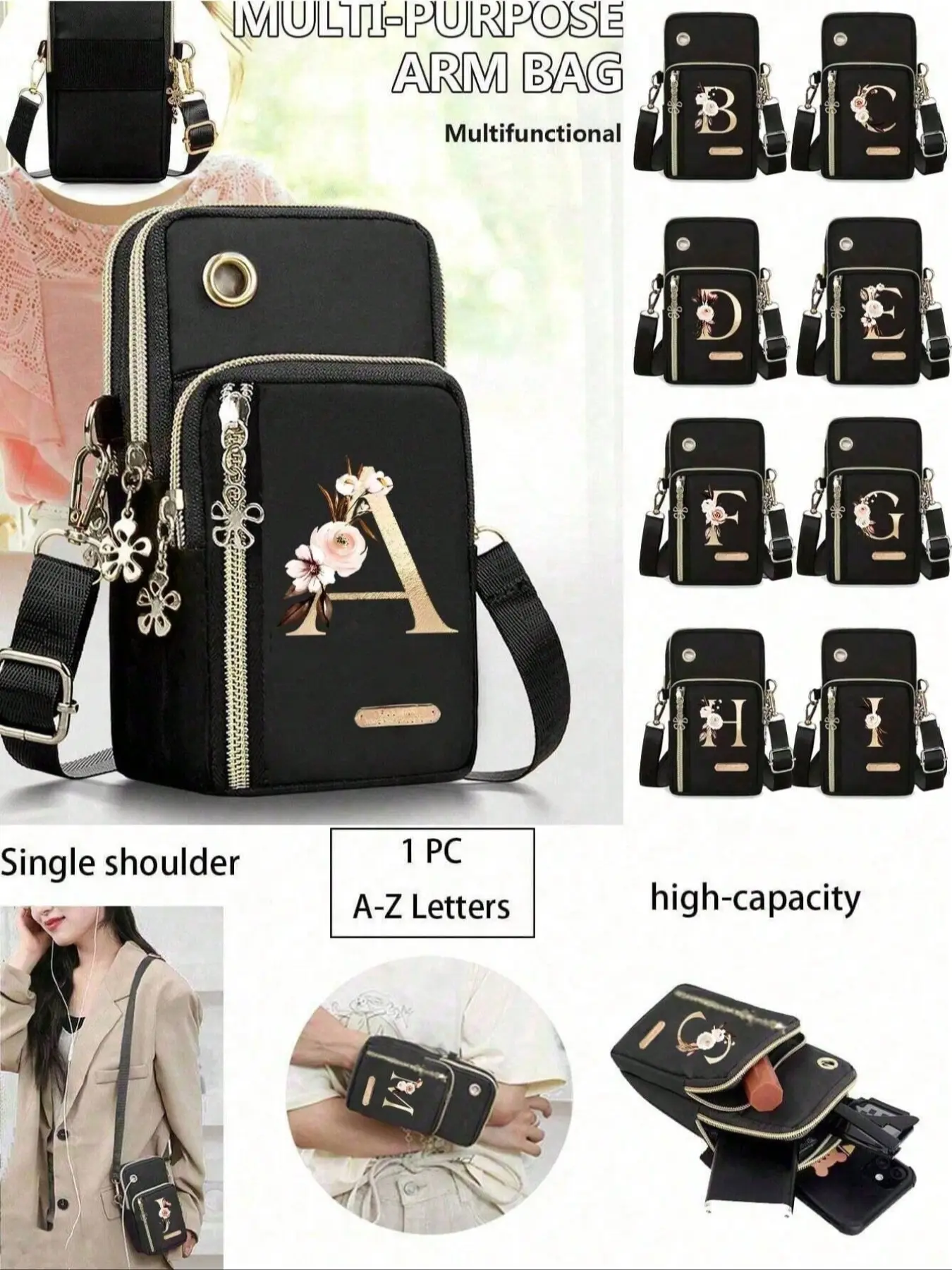 Women's Phone Bag, Gold Initial Printing Mini Crossbody Bag, Vertical Coin Purse For Women, Sports Arm & Running Wrist Bag, Mini Crossbody Phone Bag With Earphone Hole,Work, Business, Commute,For Birthday Gift,Valentine's Day, Casual Purses