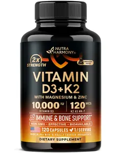 Vitamin D3 K2 10000 IU with MK-7 120 mcg + Magnesium, Zinc, Vitamin C & B12 - Immune & Mood Support, Bone & Teeth Health, Highly Bioavailable, Gluten-Free - 120 Capsules