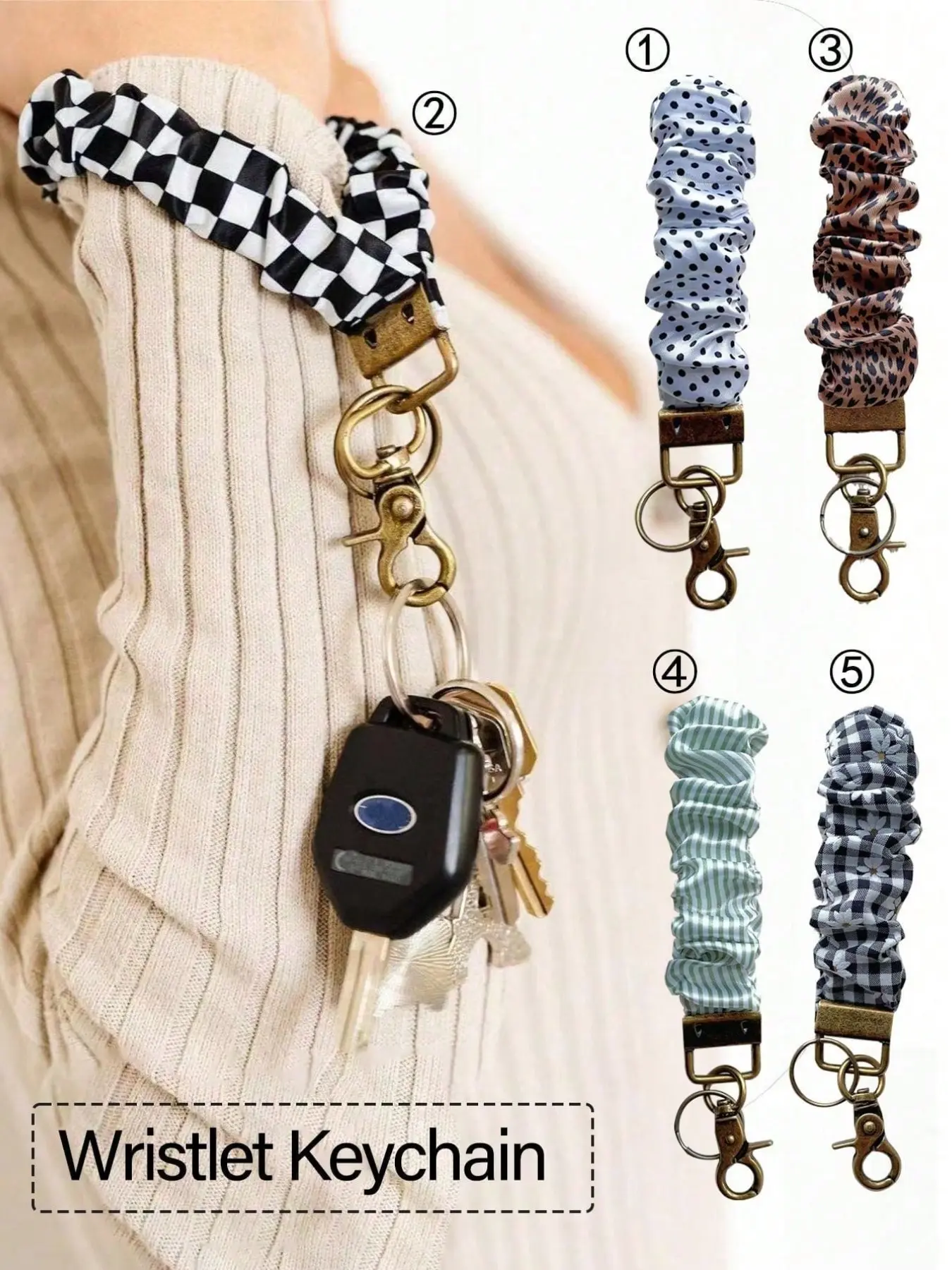 Women's Wristlet Keychain, Hair Tie Bracelet Key Ring with Clip, Elastic Wristband, Car Key Chain, Car Key Holder, Plaid Daisy Stripe Patterns, Versatile Accessory, Perfect Gift