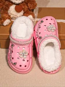 Eva New Style Garden Shoes Set, Plush Pearl Flower Design, Anti-Slip Beach Slippers for Teenagers, Summer Casual Sandals, Fuzzy Warm Slippers