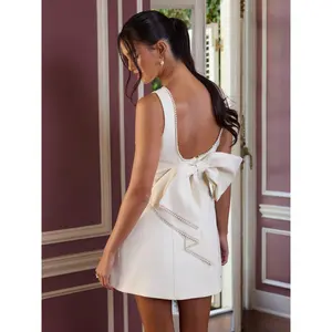 Cider Pearl-Trimmed Bowknot Backless A-line Mini Dress Dealsforyou