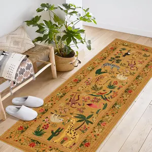 Garvee 2x6 Yellow Rug Runner for Hallway, Kitchen, Bedroom, Entryway, Laundry, Nursery; Soft Low Pile Vintage Animal Design with Washable Fabric and Non-Slip Backing