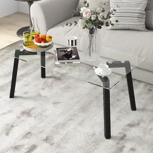 empered Glass Coffee Table, Rectangular Center Table with Heavy Duty Metal Frame, Modern Cocktail Table, Clear Tea Table for Living Room Reception Office, 44 x 24 x 18 InchLiving room coffee table light luxury small apartment creative sofa table iron