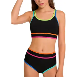 Teen Girls Swimsuit Color Block Sporty Bikini Sets with Cover Up Skirt 3 Piece Bathing Suit Size 7-16 Years